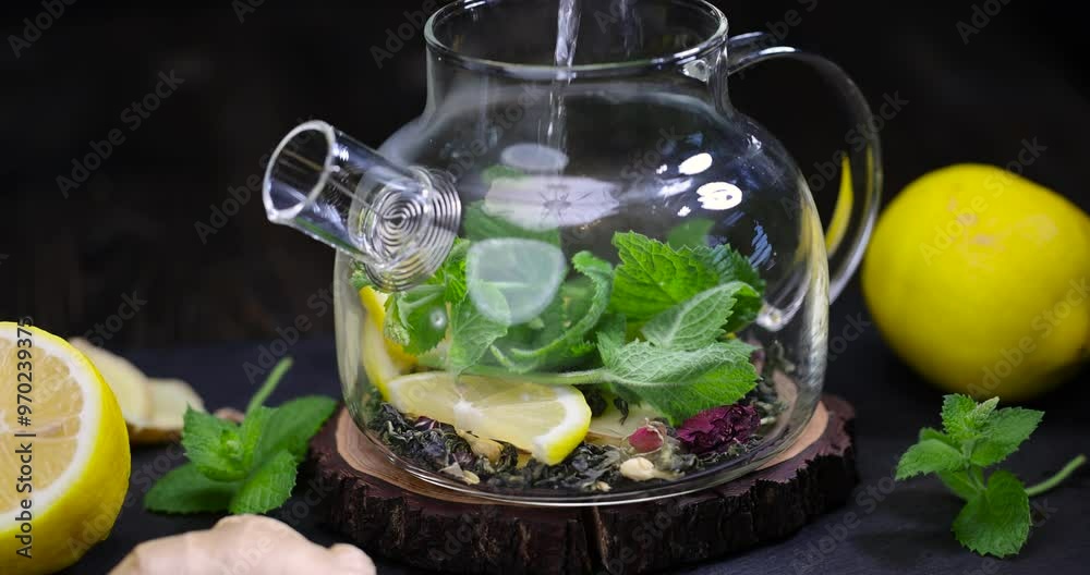 preparation of green tea in a glass teapot, green tea with ginger and green mint with lemon preparation of green tea in a glass teapot, green tea with ginger and green mint with lemon