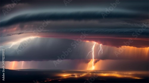 Giant scary tornado and thunderstorm in stormy landscape. Thunderous dark sky with black clouds and flashing lightning. Natural disasters