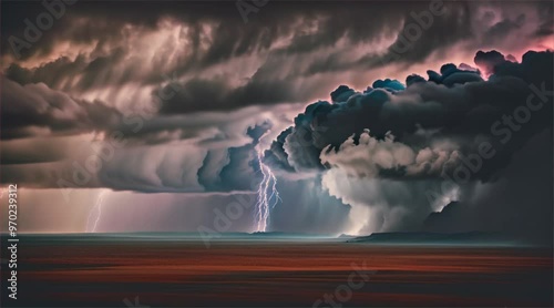 Giant scary tornado and thunderstorm in stormy landscape. Thunderous dark sky with black clouds and flashing lightning. Natural disasters
