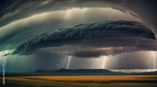 Giant scary tornado and thunderstorm in stormy landscape. Thunderous dark sky with black clouds and flashing lightning. Natural disasters