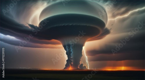 Giant scary tornado and thunderstorm in stormy landscape. Thunderous dark sky with black clouds and flashing lightning. Natural disasters