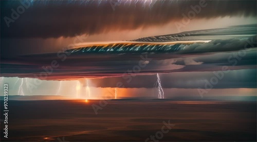 Giant scary tornado and thunderstorm in stormy landscape. Thunderous dark sky with black clouds and flashing lightning. Natural disasters