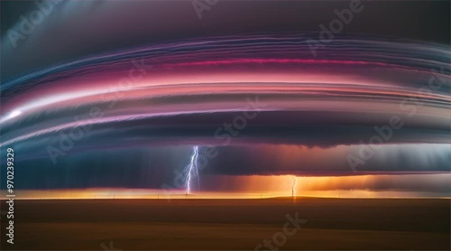 Giant scary tornado and thunderstorm in stormy landscape. Thunderous dark sky with black clouds and flashing lightning. Natural disasters
