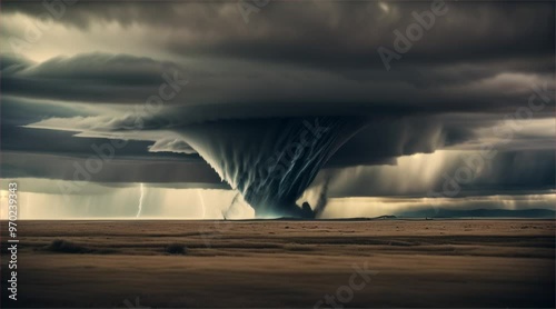 Giant scary tornado and thunderstorm in stormy landscape. Thunderous dark sky with black clouds and flashing lightning. Natural disasters