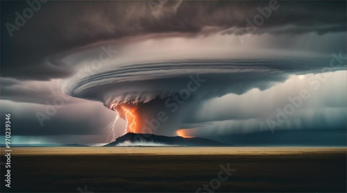 Giant scary tornado and thunderstorm in stormy landscape. Thunderous dark sky with black clouds and flashing lightning. Natural disasters