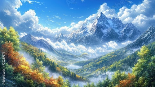 Scenic mountain range with vibrant trees and a sprawling valley, illustrating the peaceful beauty of the rugged terrain. photo