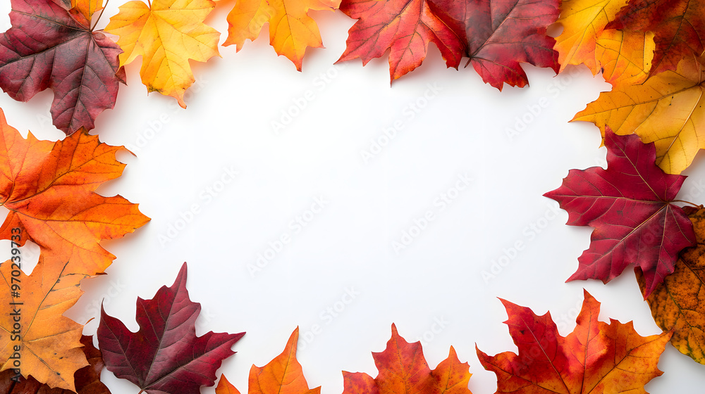 Fototapeta premium 10Framed material on white background surrounded by autumn leaves and berries, Generative AI.