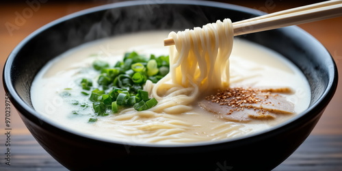 white ramen in a dark bowl. photo