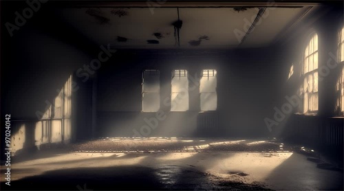 Old abandoned building. Inside a dark and scary abandoned factory with sunlight coming from the windows.