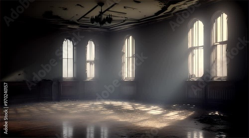 Old abandoned building. Inside a dark and scary abandoned factory with sunlight coming from the windows.