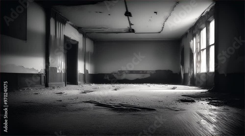 Old abandoned building. Inside a dark and scary abandoned factory with sunlight coming from the windows.