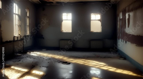 Old abandoned building. Inside a dark and scary abandoned factory with sunlight coming from the windows.