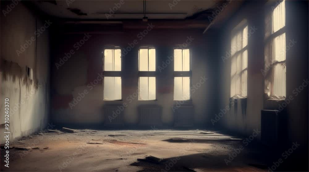 Old abandoned building. Inside a dark and scary abandoned factory with sunlight coming from the windows. Old abandoned building. Inside a dark and scary abandoned factory with sunlight coming from the windows.