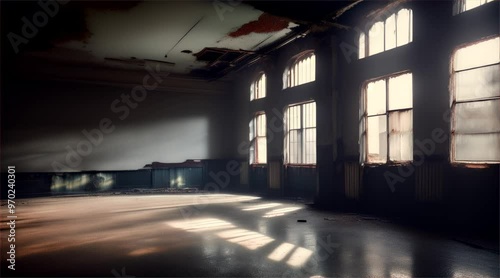 Old abandoned building. Inside a dark and scary abandoned factory with sunlight coming from the windows.
