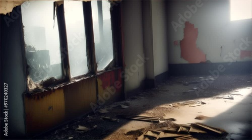 Old abandoned building. Inside a dark and scary abandoned factory with sunlight coming from the windows.