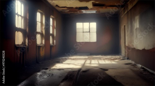 Old abandoned building. Inside a dark and scary abandoned factory with sunlight coming from the windows.