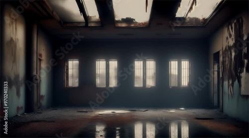 Old abandoned building. Inside a dark and scary abandoned factory with sunlight coming from the windows.