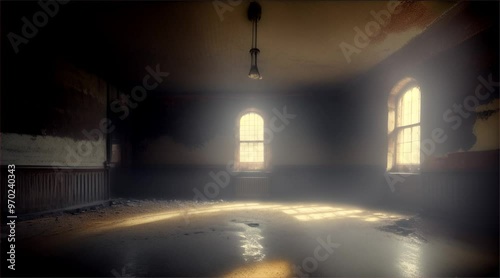 Old abandoned building. Inside a dark and scary abandoned factory with sunlight coming from the windows.