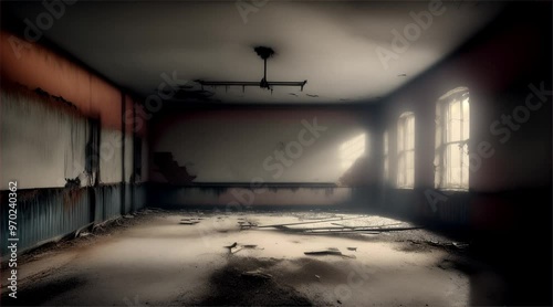 Old abandoned building. Inside a dark and scary abandoned factory with sunlight coming from the windows.