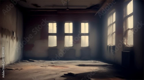 Old abandoned building. Inside a dark and scary abandoned factory with sunlight coming from the windows.