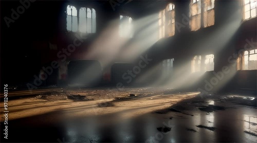 Old abandoned building. Inside a dark and scary abandoned factory with sunlight coming from the windows.