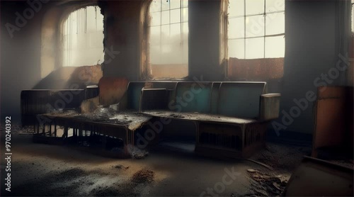 Old abandoned building. Inside a dark and scary abandoned factory with sunlight coming from the windows.