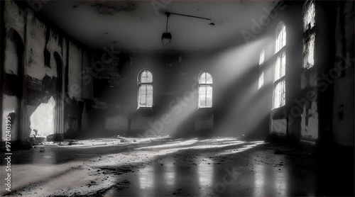 Old abandoned building. Inside a dark and scary abandoned factory with sunlight coming from the windows.