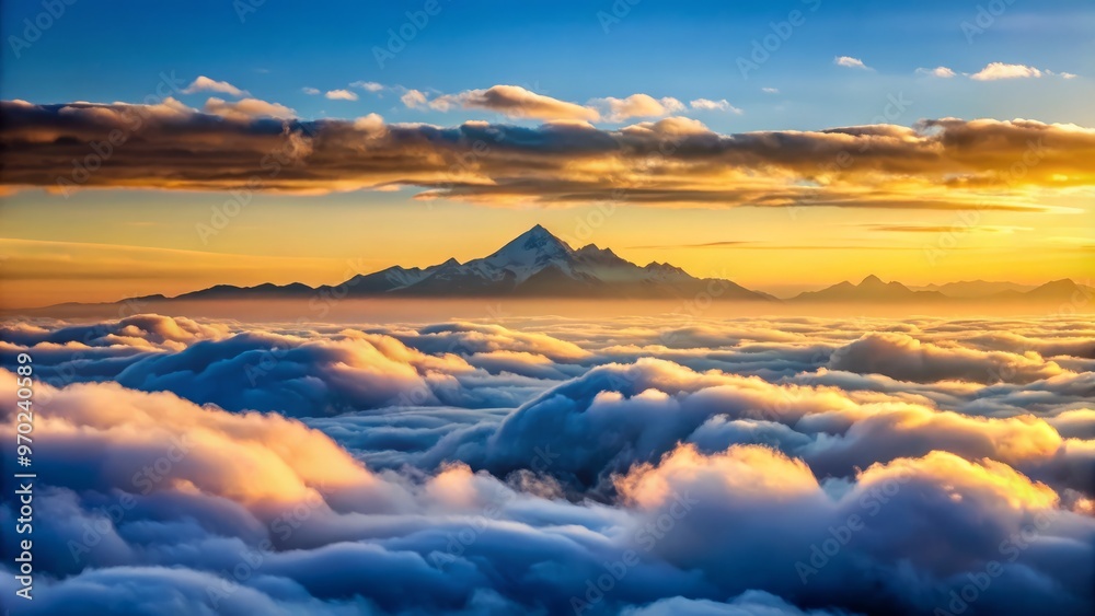 A distant mountain range emerges above a soft layer of puffy clouds, its snow-capped peaks gradually appearing on A distant mountain range emerges above a soft layer of puffy clouds, its snow-capped peaks gradually appearing on