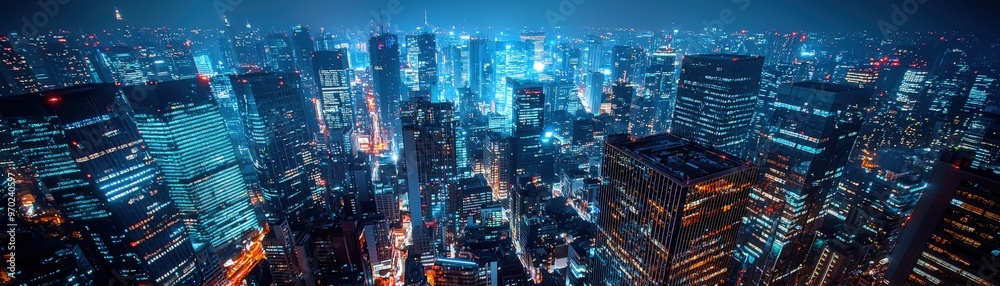 Obraz premium Futuristic drone navigating above a glowing city skyline at night, recording detailed urban landscapes and high-tech environments from an aerial view.