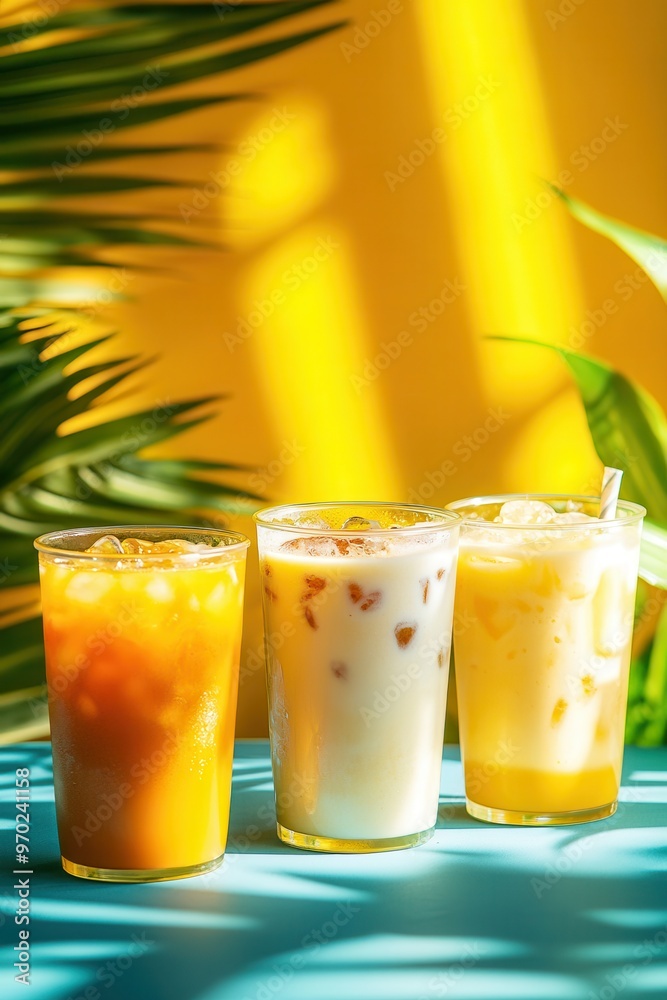 Refreshing summer drinks displayed on a vibrant background, featuring tropical flavors and a sunny ambiance. Refreshing summer drinks displayed on a vibrant background, featuring tropical flavors and a sunny ambiance.