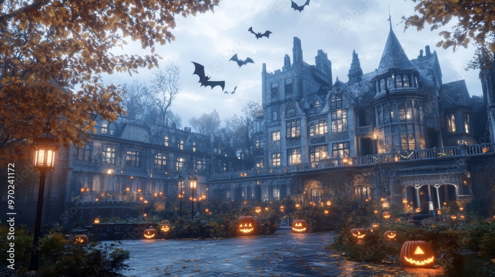Fototapeta premium Abandoned castle decorated for a Halloween event glowing jack-o-lanterns lighting the courtyard