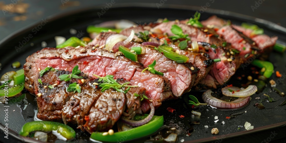A serving of roasted beef accompanied by chopped onions and fresh green bell peppers. A serving of roasted beef accompanied by chopped onions and fresh green bell peppers.