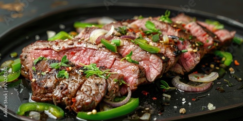 A serving of roasted beef accompanied by chopped onions and fresh green bell peppers.