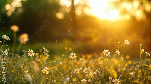 A tranquil field of daisies basking in warm, golden sunlight, creating a serene and peaceful summer evening atmosphere..