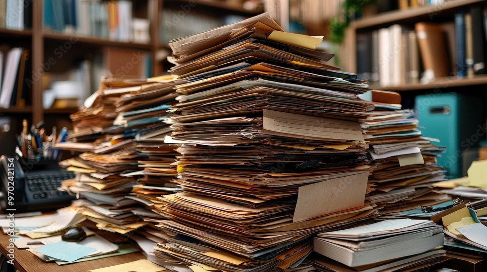 A cluttered stack of documents piled haphazardly in a busy office setting, showcasing a chaotic workspace. A cluttered stack of documents piled haphazardly in a busy office setting, showcasing a chaotic workspace.