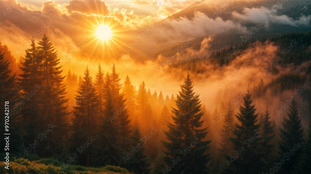 Obraz premium A breathtaking sunrise illuminates a misty mountain forest, with warm sunlight piercing through the fog over towering pine trees..
