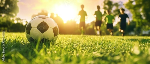 A dynamic scene of soccer players running on a sunny day, with a soccer ball prominently in focus on the lush green grass.