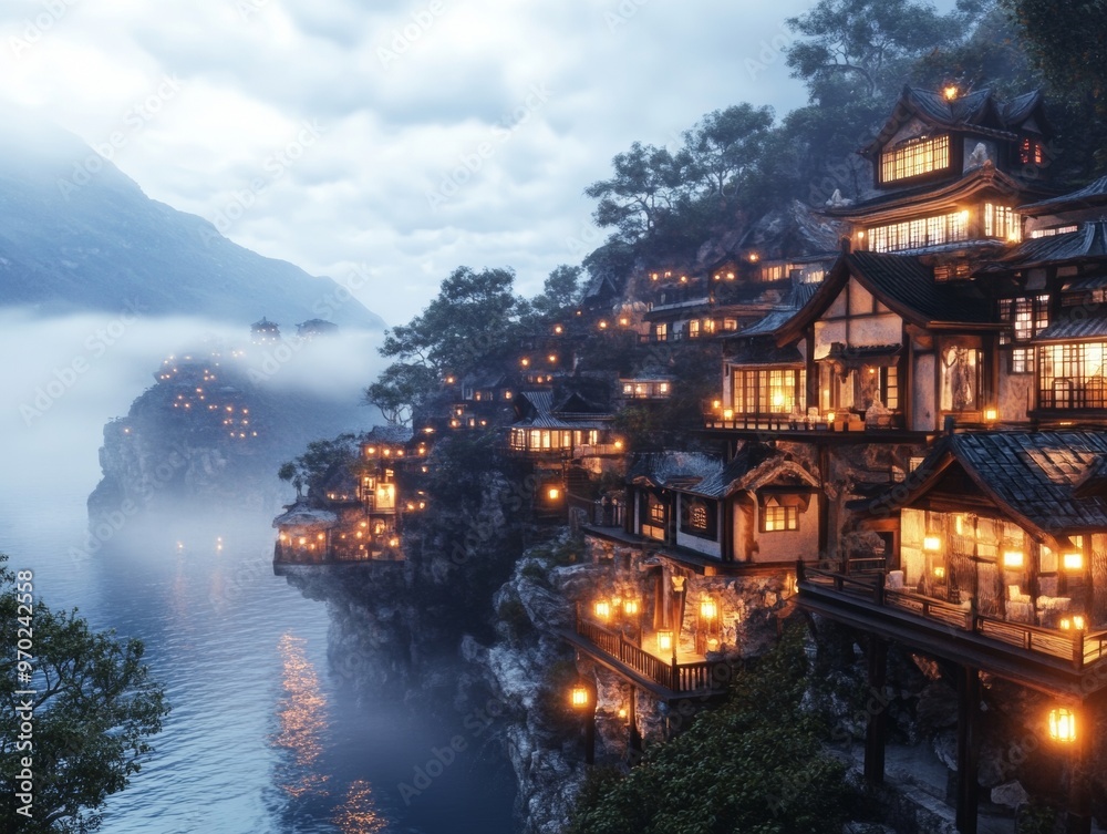 Obraz premium Eerie cliffside village decorated for Halloween mist rolling in from the sea