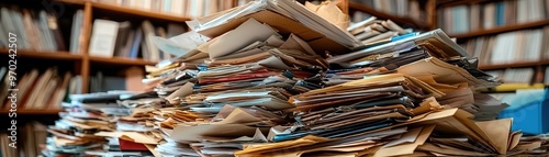A chaotic stack of office documents, creating a visual of clutter and disarray in a busy work environment.