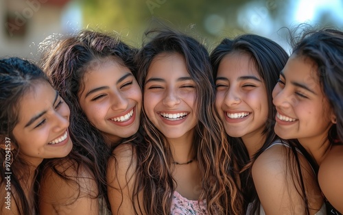 Group of laughing hispanic young women having fun together. 