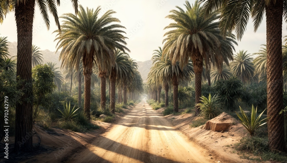 Obraz premium A peaceful dirt road lined with towering palm trees under soft sunlight, creating a tranquil tropical landscape scene..