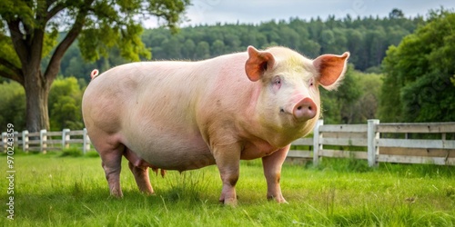 A pink pig stands majestically in a lush meadow, enclosed by a white picket fence, with picturesque trees photo