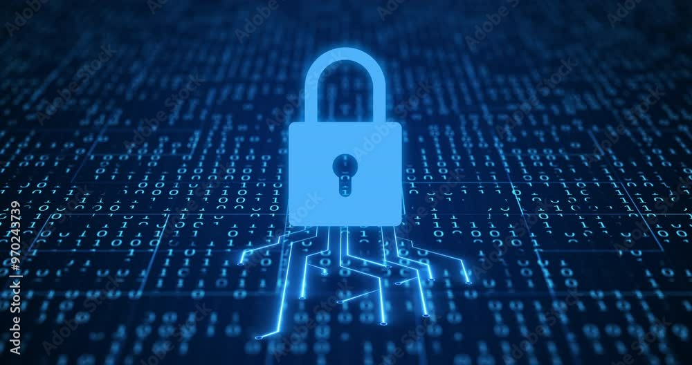 Cybersecurity, digital lock and motherboard for data protection with coding, programming or processing. CPU, information technology and cloud computing server for hardware blockchain encryption.