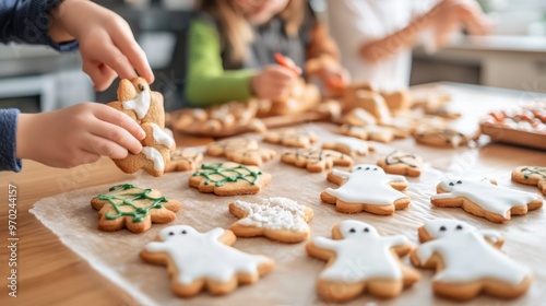 Family baking spooky Halloween cookies shaped like ghosts and bats