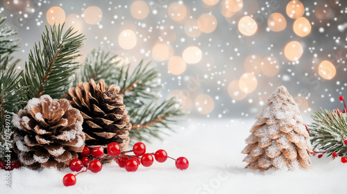 Pinecones dusted with snow, paired with evergreen branches and red berries.