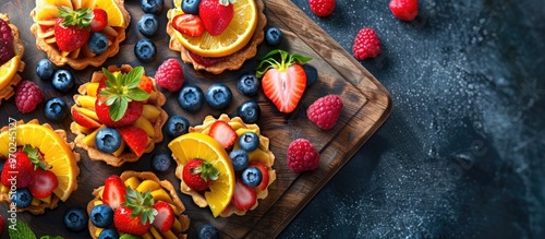 Fruit Puff Pastry Delicious Fruit Pastries Served On A Wooden Chopping Board photo