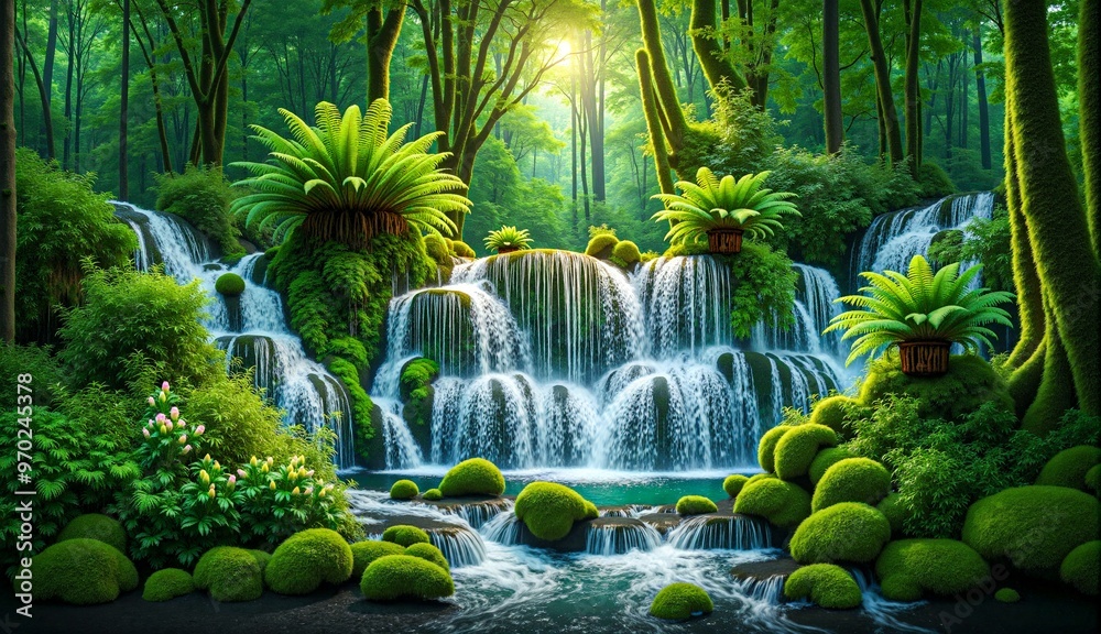 custom made wallpaper toronto digitalMajestic Waterfall Oasis in Lush Tropical Rainforest Paradise