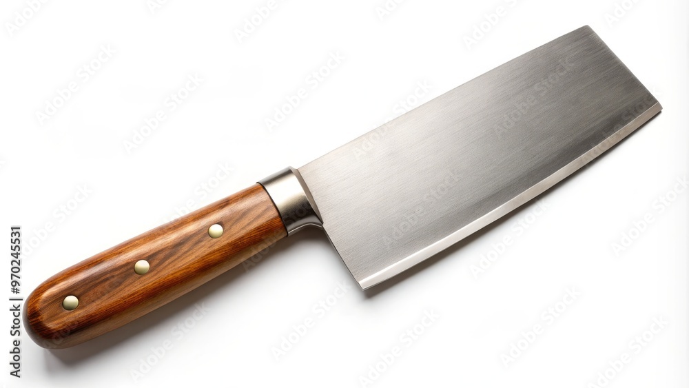 A solitary figure, this butcher knife stands proud on a blank canvas, its metallic sheen and rustic wood A solitary figure, this butcher knife stands proud on a blank canvas, its metallic sheen and rustic wood