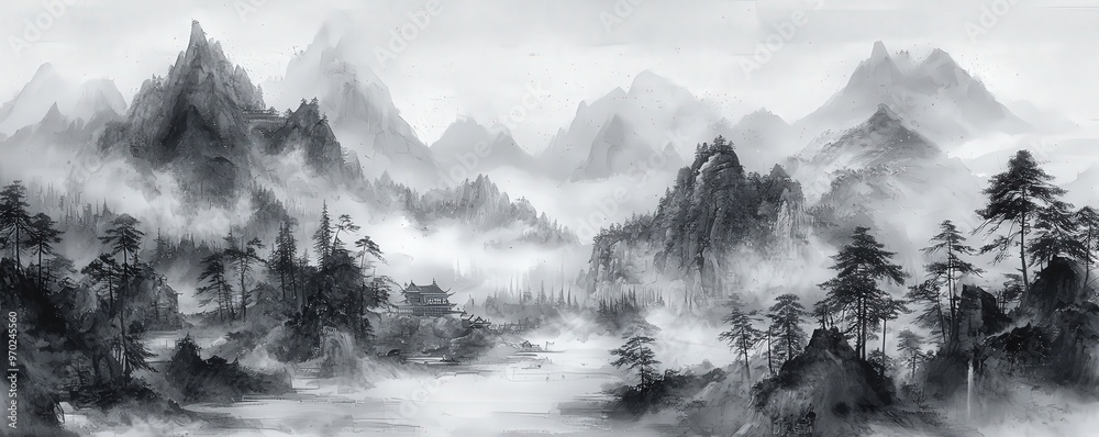 Fototapeta premium Elegant Chinese ink painting of a misty mountain panorama, intricately detailed with pine trees and traditional architecture woven into the scene.