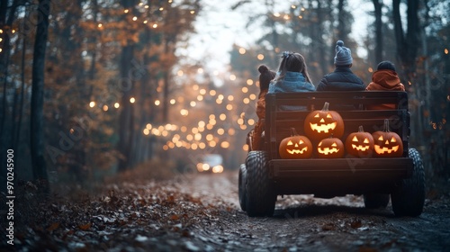 Family enjoying a spooky Halloween hayride glowing jack-o-lanterns photo